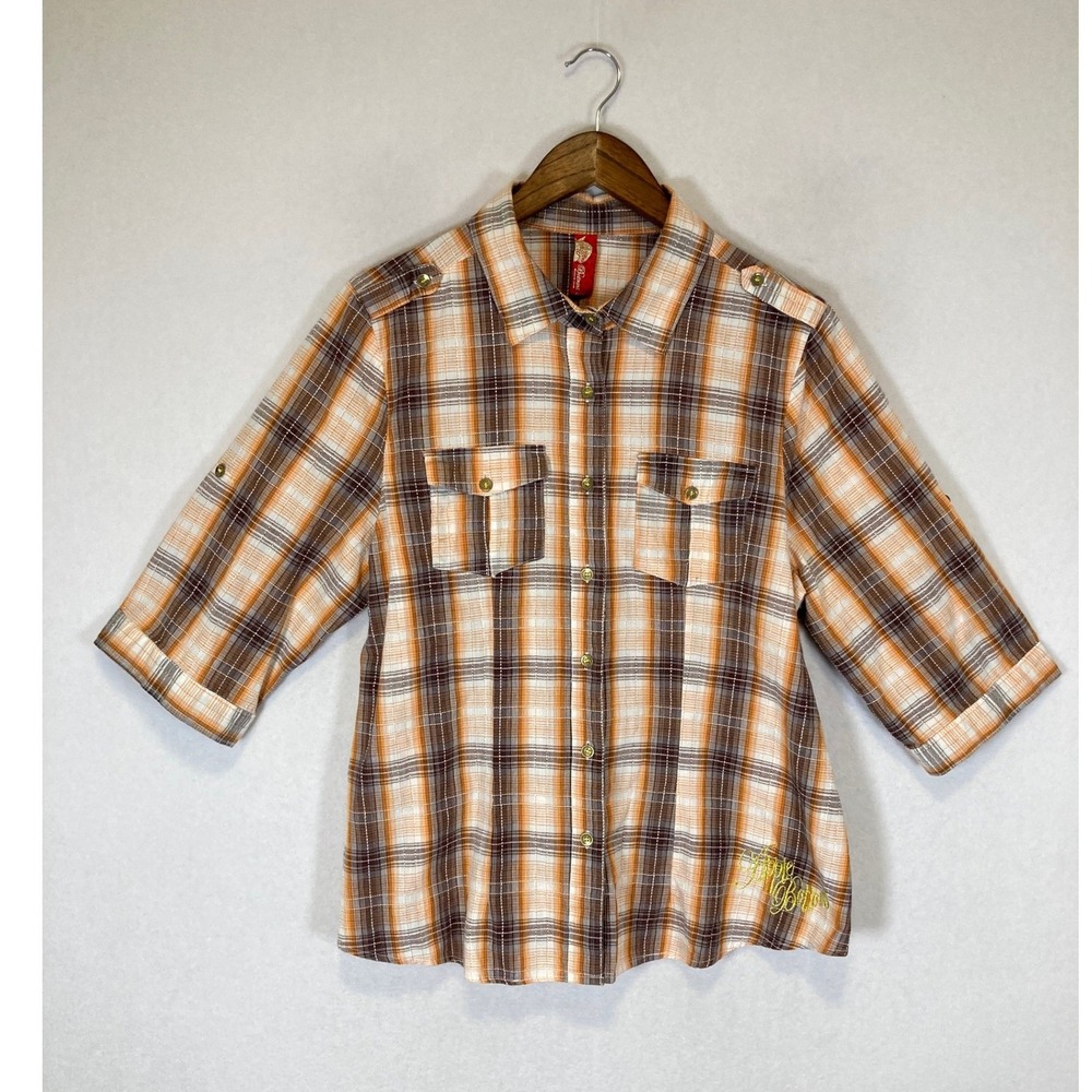 Y2K Apple Bottoms Womens 1X Orange Brown Plaid Roll Tab Sleeve Button Down Shirt